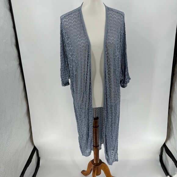 Light Blue Open Knit Cardigan Duster Made In Italy 100% Cotton Womens One Size - Picture 1 of 9